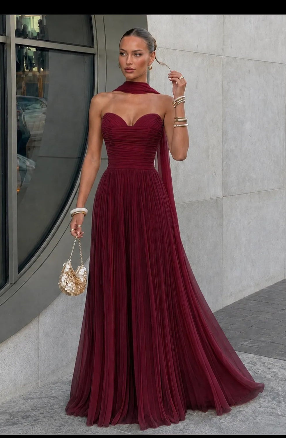 Bordeaux Valentina Pleated Maxi Dress