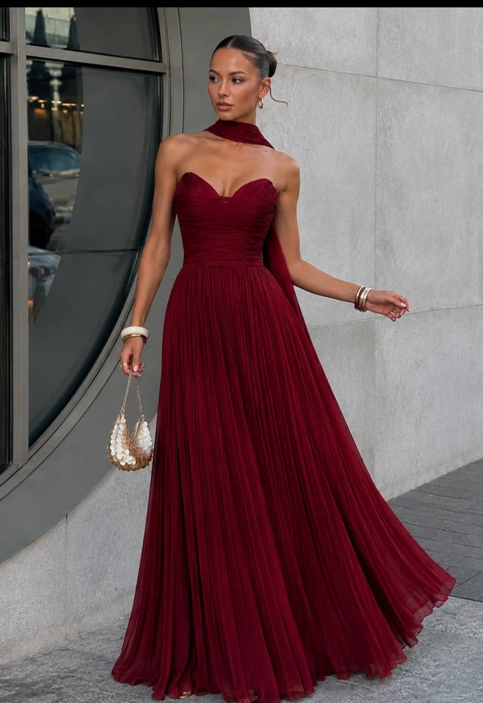 Bordeaux Valentina Pleated Maxi Dress