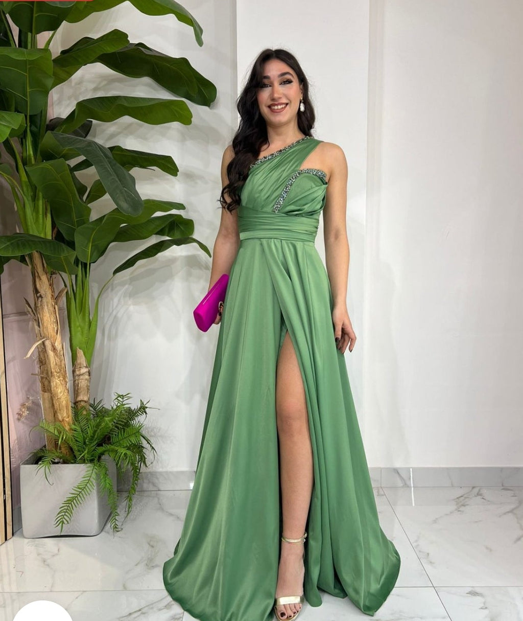 Olive Aurora One Shoulder Satin Dress