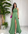 Olive Aurora One Shoulder Satin Dress