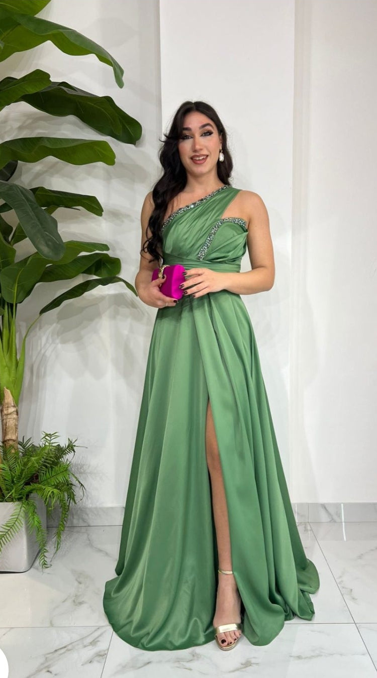 Olive Aurora One Shoulder Satin Dress