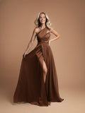 Chocolate Brown Aurora One Shoulder Satin Dress