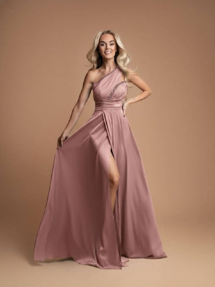 Chocolate Brown Aurora One Shoulder Satin Dress