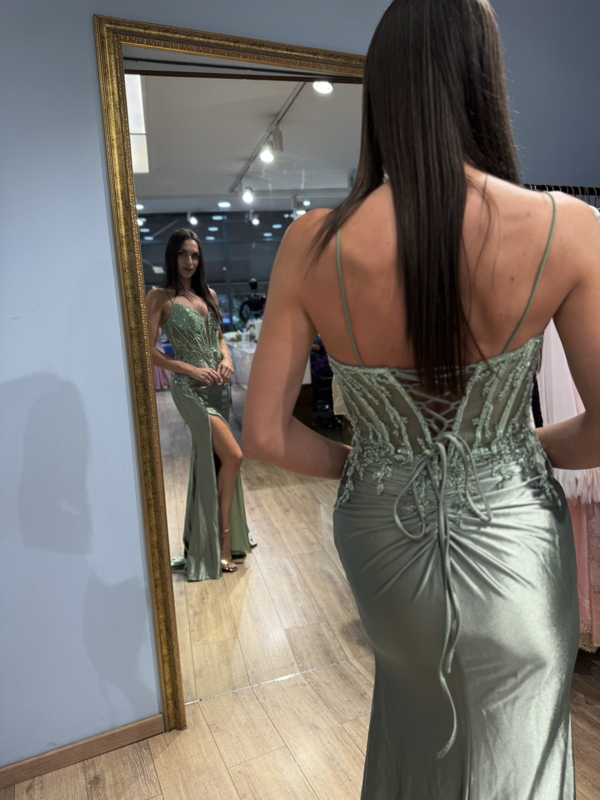 Sage Green Seraphina Satin Corset Dress