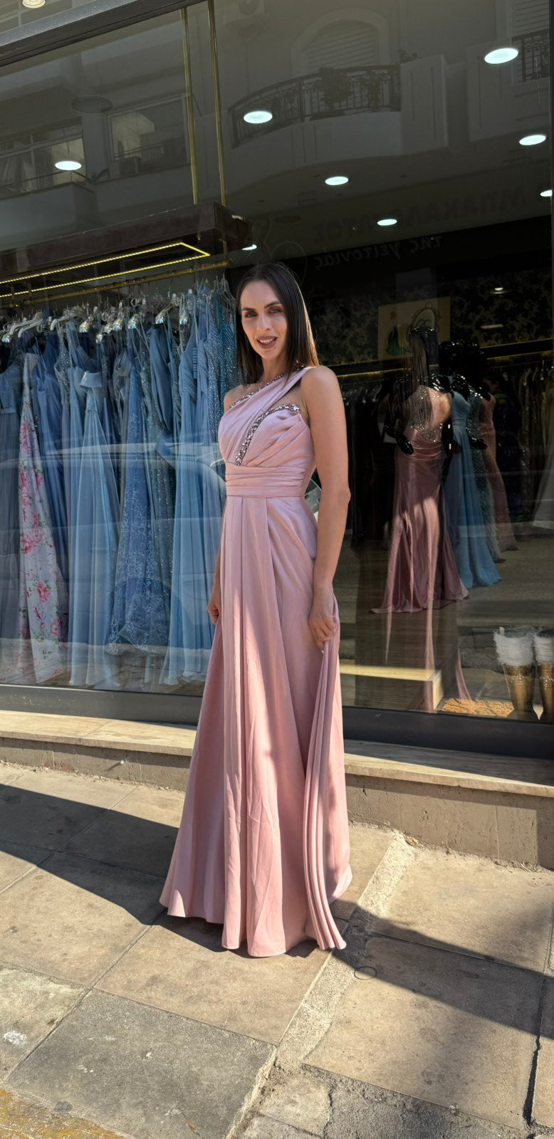 Pink Aurora One Shoulder Satin Dress