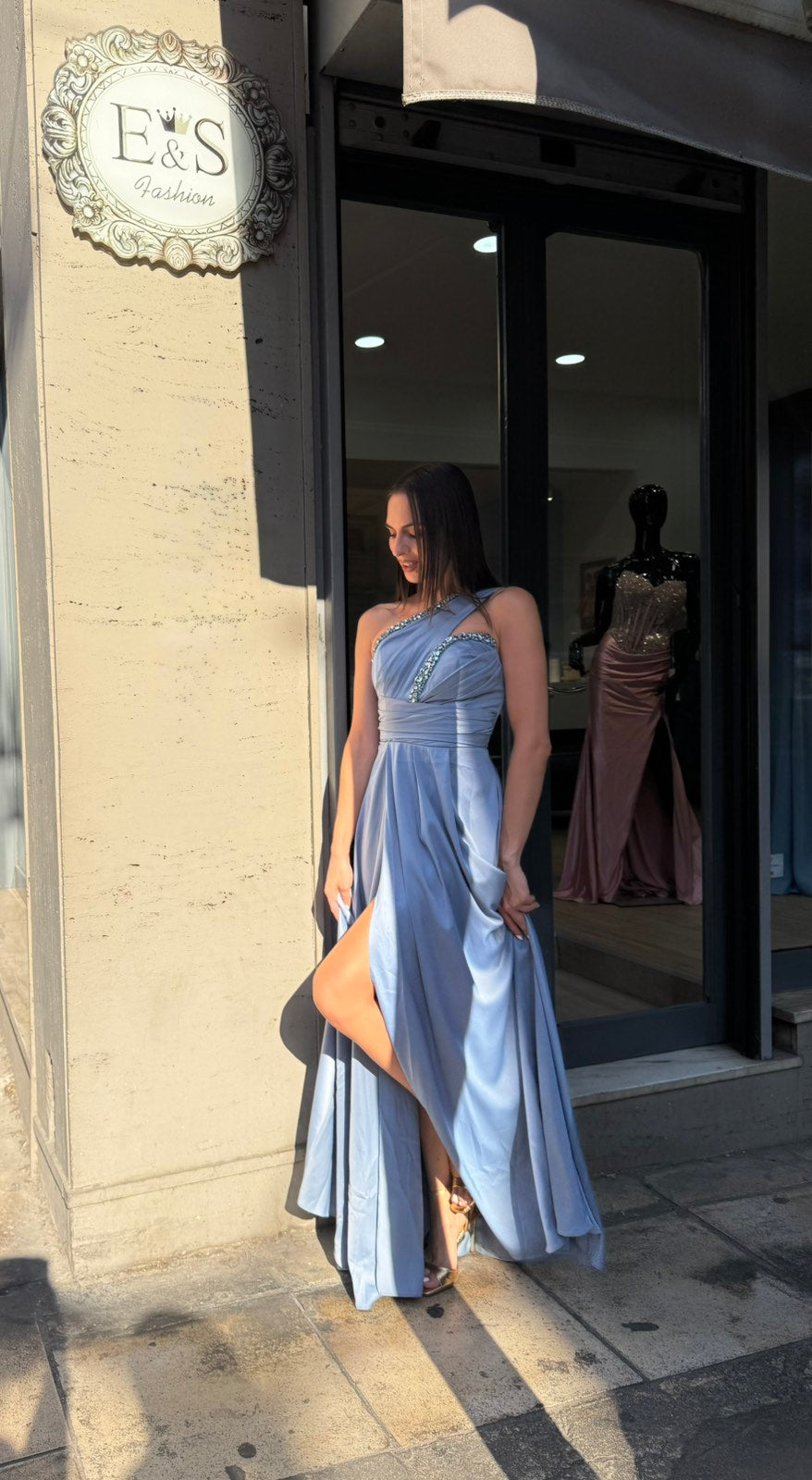 Dusty Blue Aurora One Shoulder Satin Dress