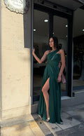 Emerald Green Aurora One Shoulder Satin Dress