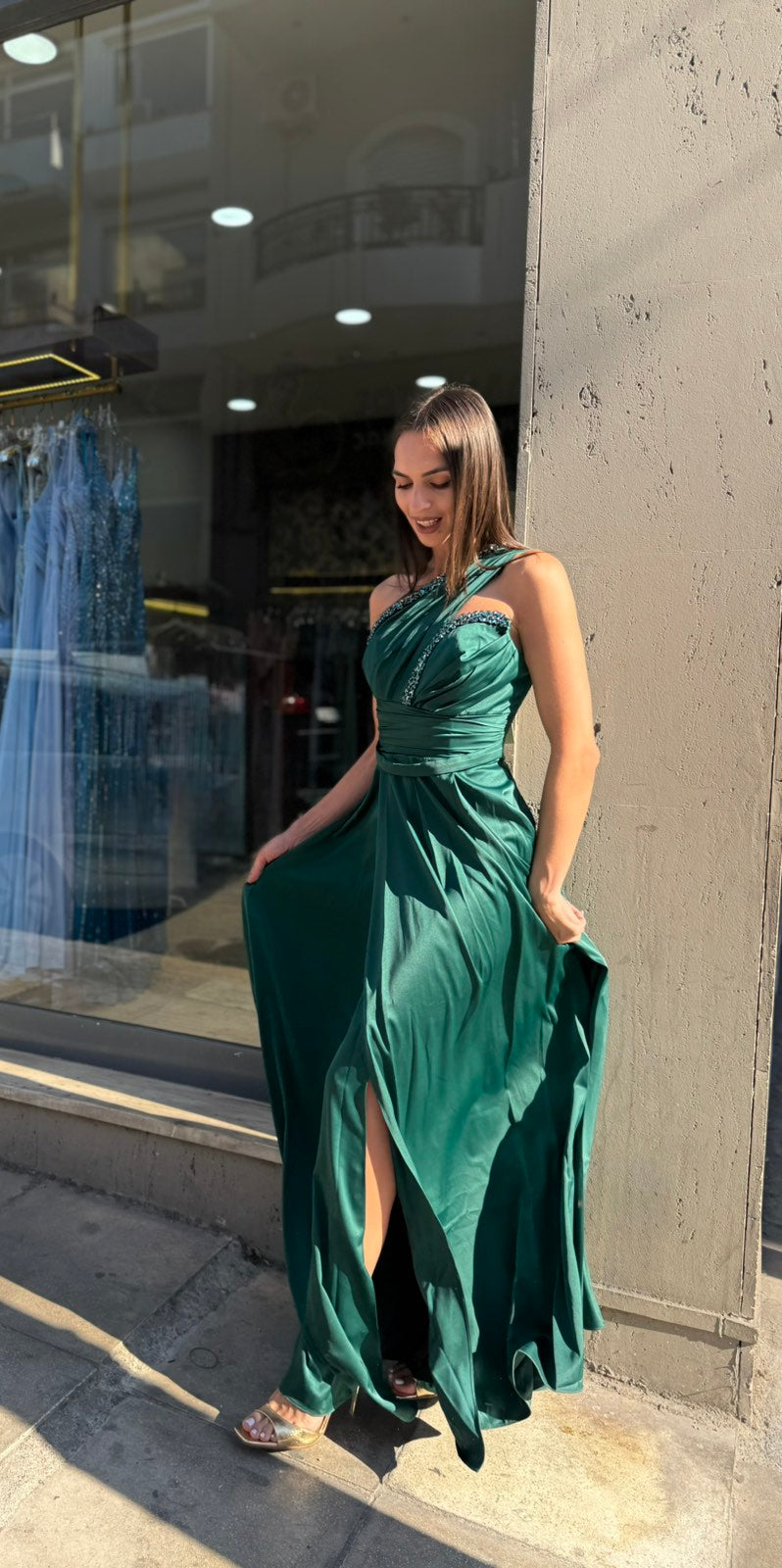 Emerald Green Aurora One Shoulder Satin Dress