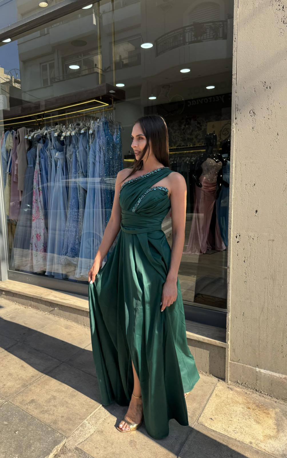 Emerald Green Aurora One Shoulder Satin Dress