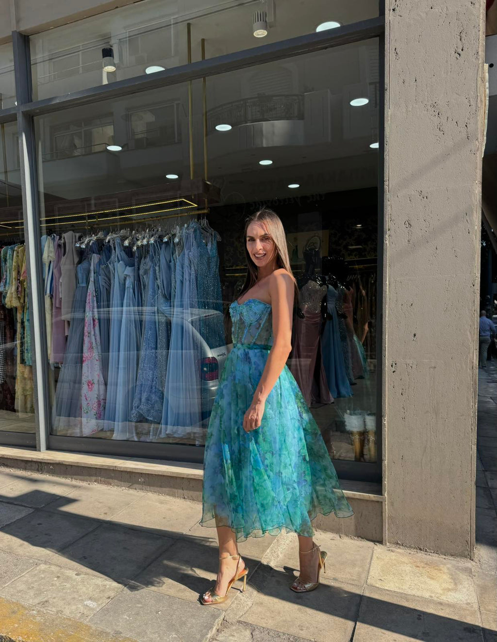 Blue Fiorella Floral Corset Dress
