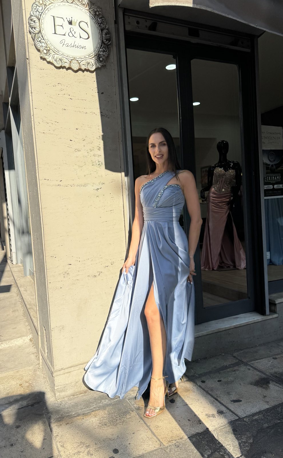 Dusty Blue Aurora One Shoulder Satin Dress
