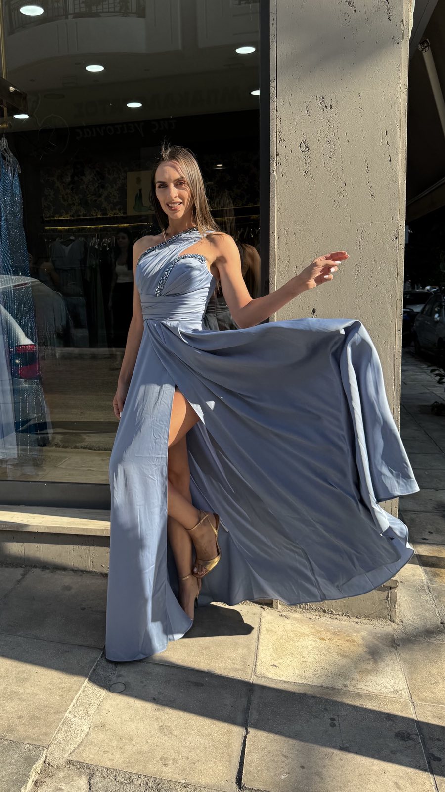 Dusty Blue Aurora One Shoulder Satin Dress
