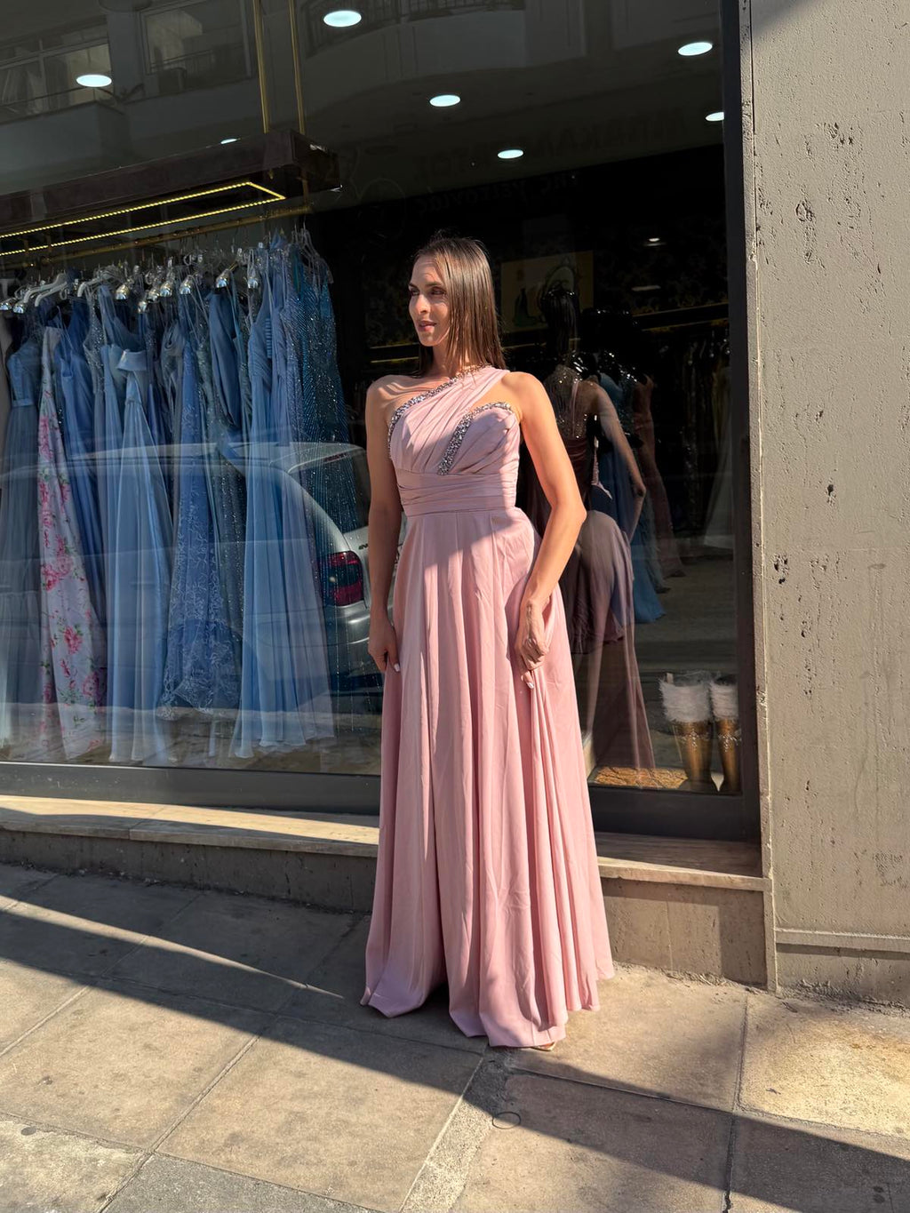 Pink Aurora One Shoulder Satin Dress