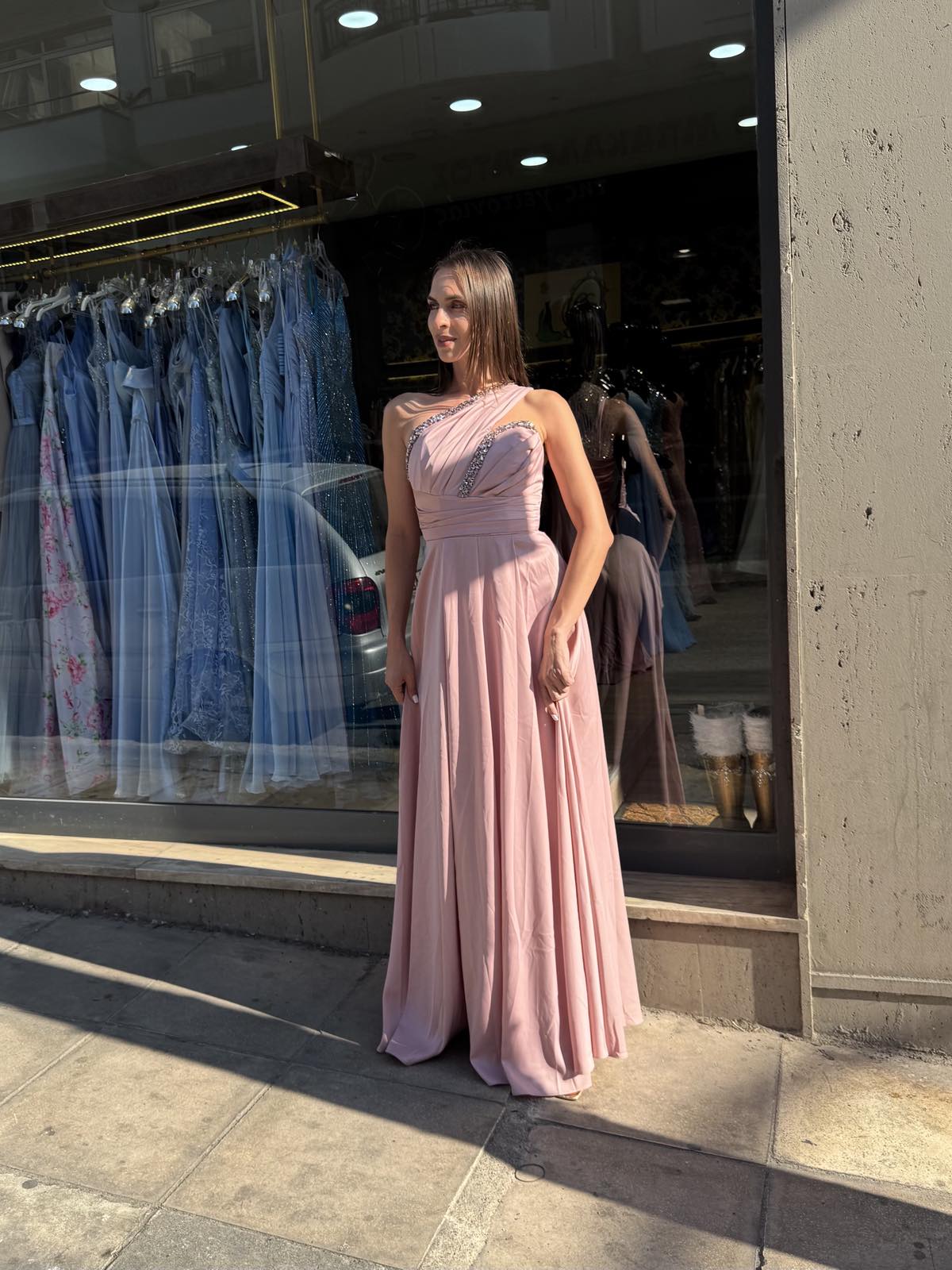 Pink Aurora One Shoulder Satin Dress