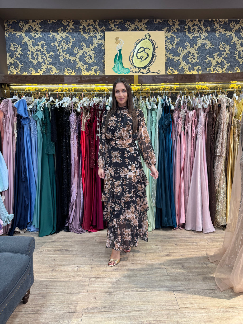 Black Autumn Bloom Maxi Dress