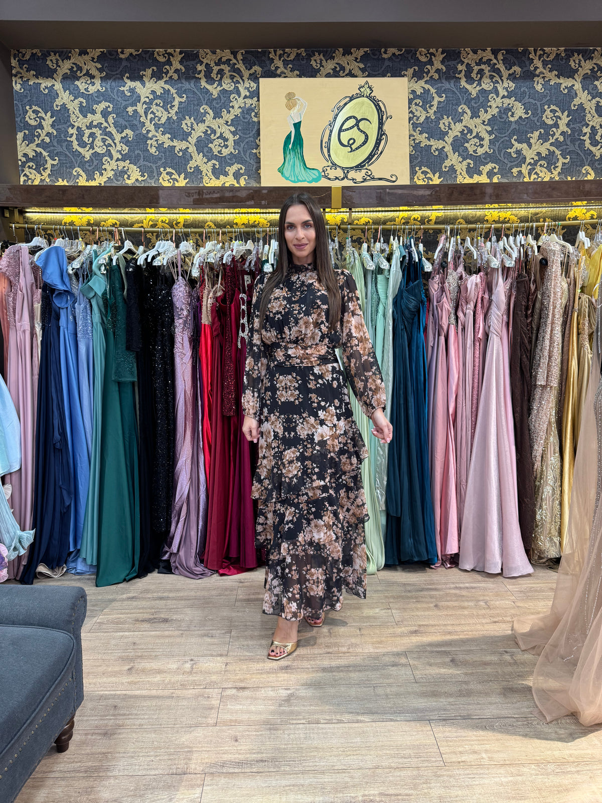 Black Autumn Bloom Maxi Dress