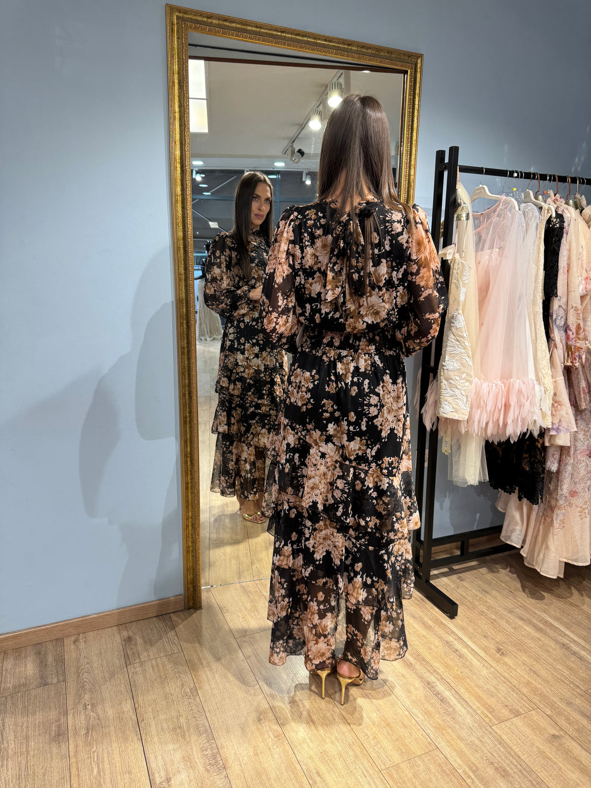 Black Autumn Bloom Maxi Dress