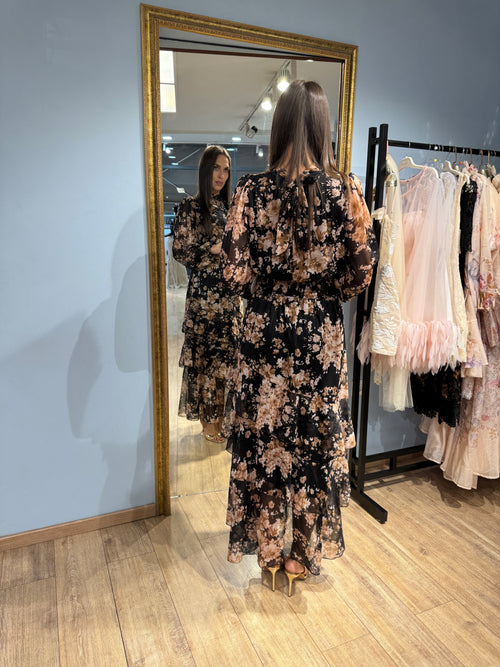 Black Autumn Bloom Maxi Dress
