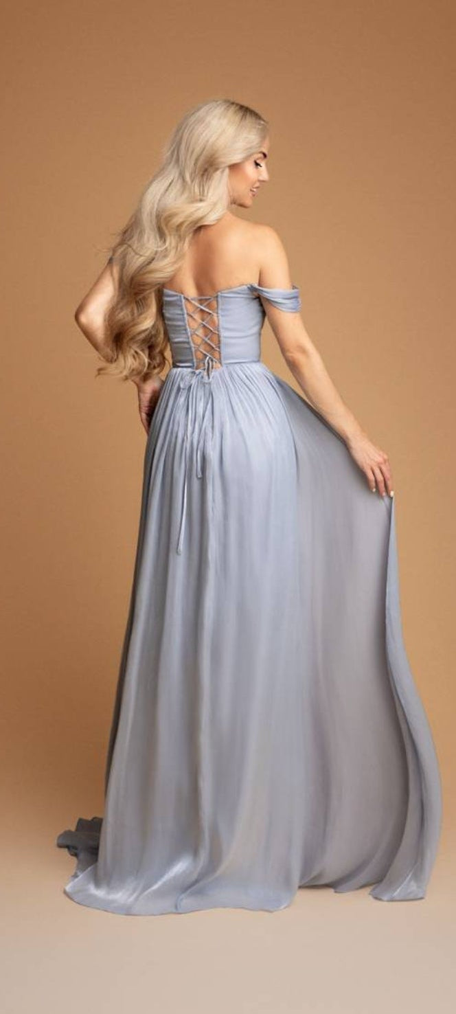 Evelina – Γκρι Γαλάζιο Off Shoulder Maxi Επίσημο Φόρεμα