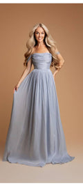 Evelina – Γκρι Γαλάζιο Off Shoulder Maxi Επίσημο Φόρεμα