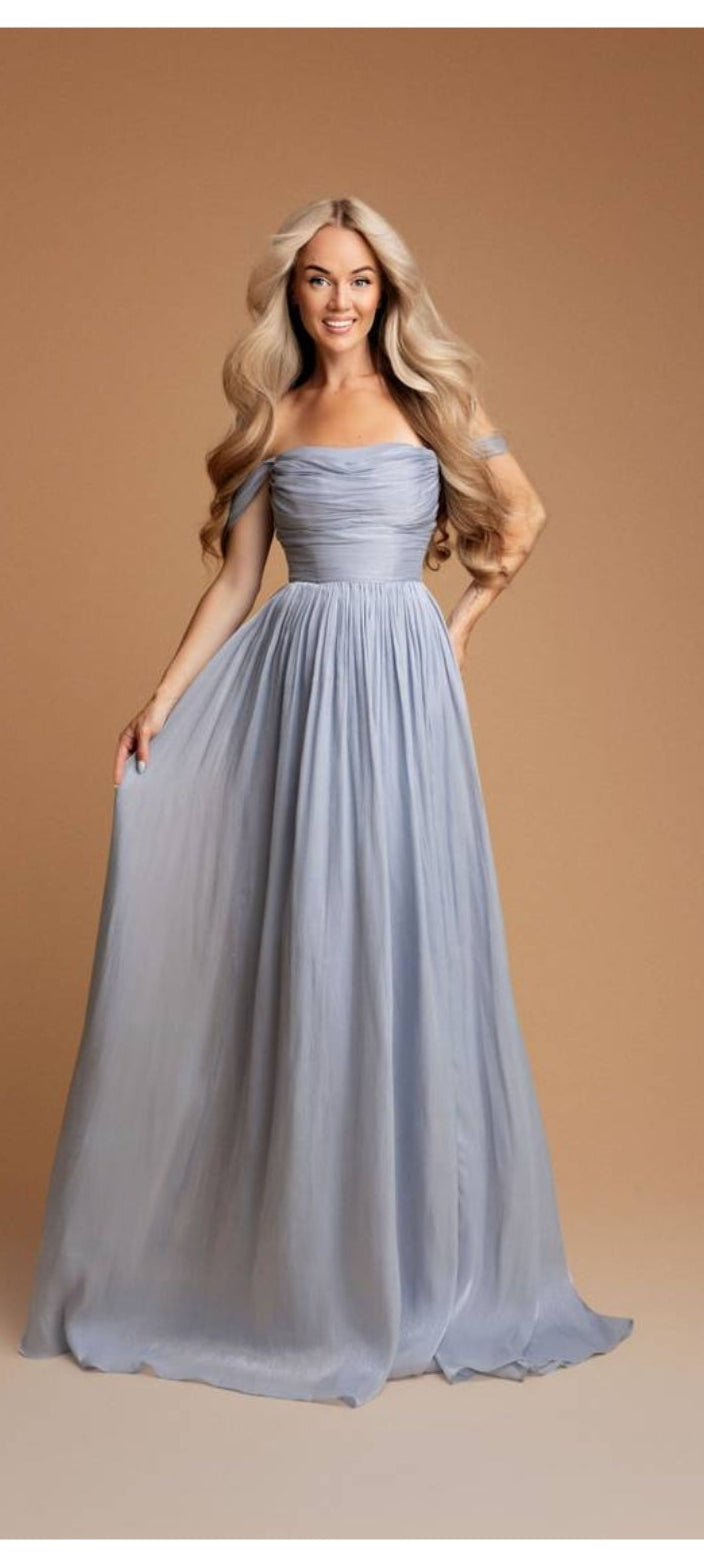 Evelina – Γκρι Γαλάζιο Off Shoulder Maxi Επίσημο Φόρεμα