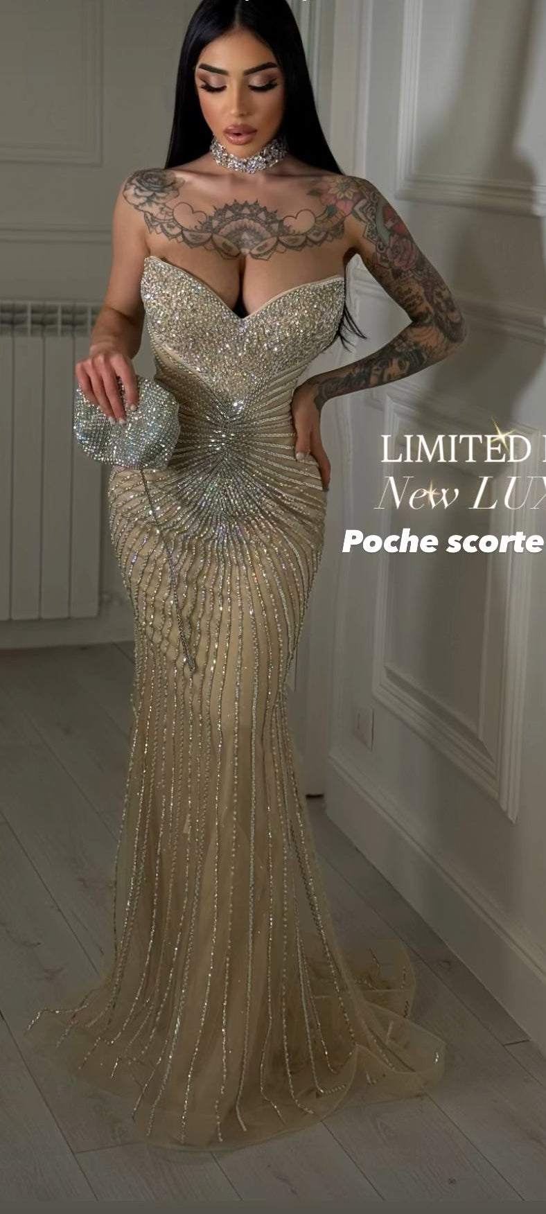Maxi Strapless Φόρεμα με Στρας & πέτρες Champagne